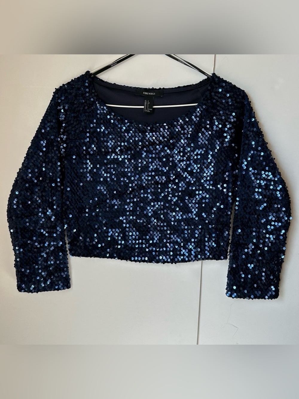 Forever 21 Navy Blue Sequined 3/4 Long Sleeve Crop Top Pull Over Shirt Sz S